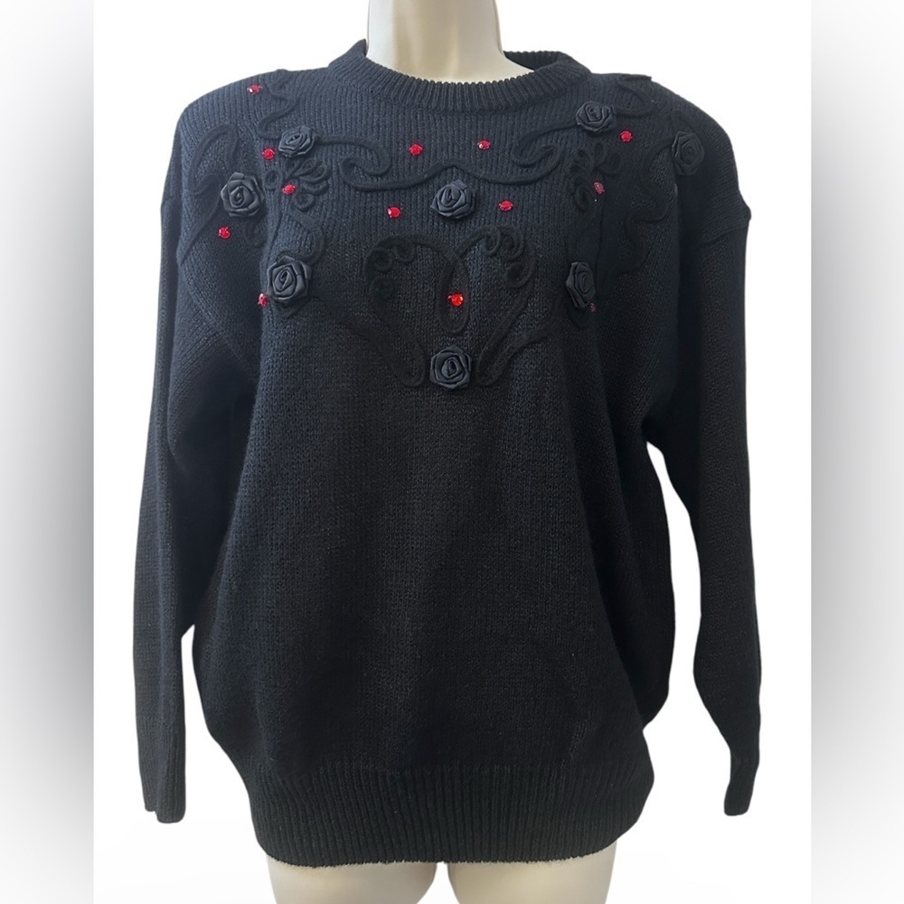 Glitz Women’s M Black Vintage Embellished Sweater with Roses and Red Sequins